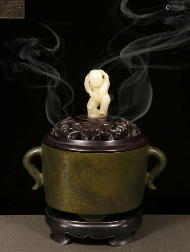 BRONZE CAST CYLINDRICAL CENSER WITH JADE CARVED BOY FINIAL