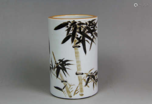 A CHINESE INK COLOE BAMBOO PAINTED PORCELAIN BRUSH POT
