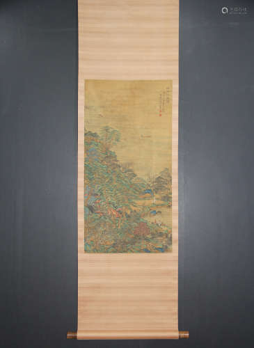 A CHINESE LANDSCAPE PAINTING AND CALLIGRAPHY SCROLL, WANG MENG MARK