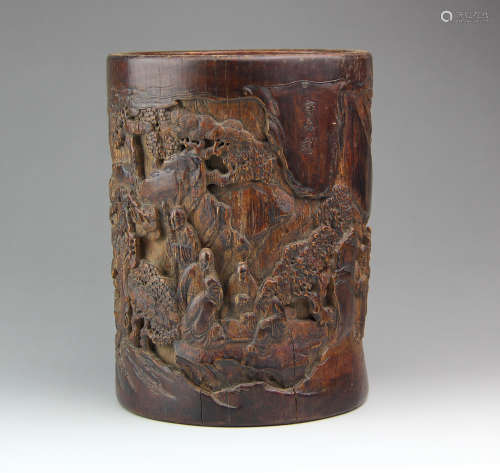A CHINESE FIGURE CARVED BAMBOO BRUSH POT