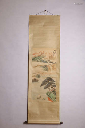 A CHINESE LANDSCAPE PAINTING SCROLL, ZHANG DAQIAN MARK