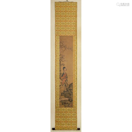 A CHINESE FIGURE PAINTING SILK SCROLL, Q…