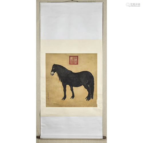 A CHINESE HORSE INK PAINTING SILK SCRO…