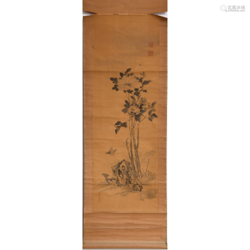 A CHINESE FLOWER & BUTTERFLY PAINTING