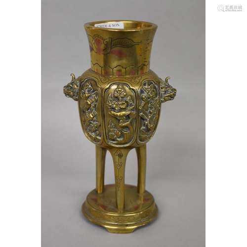 WITHDRAWN FROM SALE: A Chinese polished bronze twin handled tripod vase,