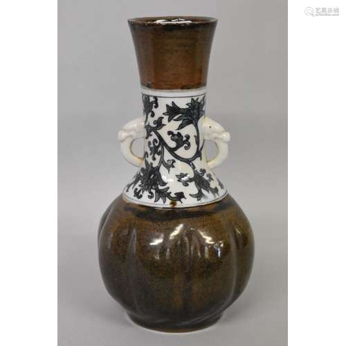 An unusual Chinese or Japanese twin handled baluster vase,