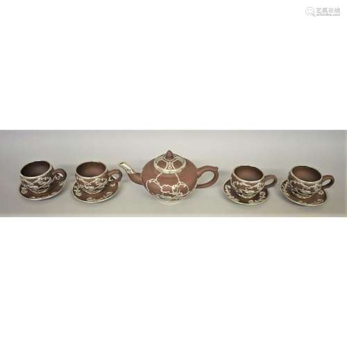 A Chinese yixing and white metal mounted part tea service,