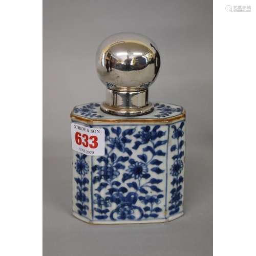 A Chinese blue and white tea canister and white metal cover,