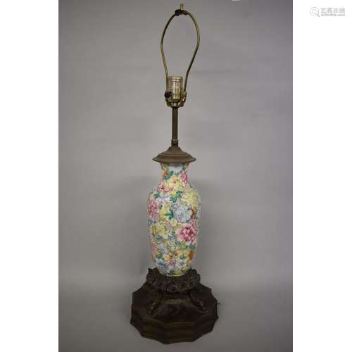 A Chinese millefleur and brass mounted vase form table lamp,