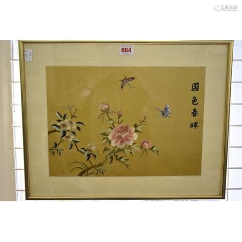 A Chinese silk embroidered panel of butterflies and flowers,