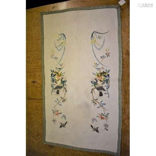 A Chinese silk embroidered panel of birds and butterflies,