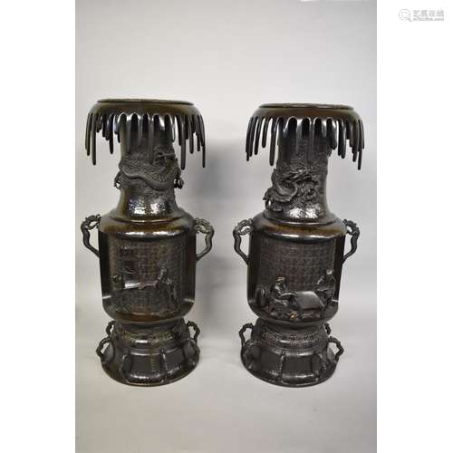 WITHDRAWN FROM SALE: A large and impressive pair of Japanese bronze twin handled vases,