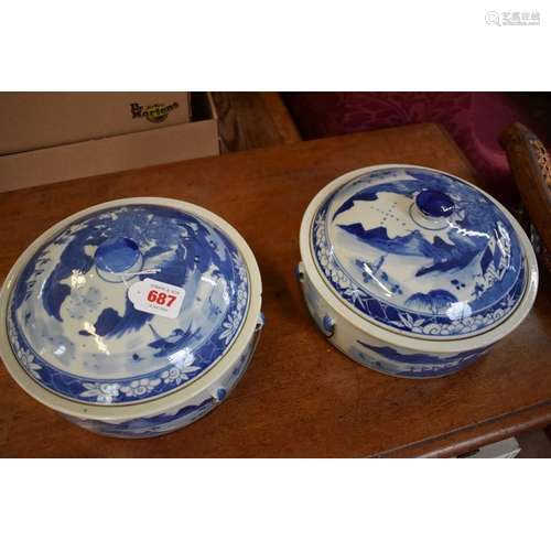 A pair of Chinese blue and white twin handled tureens and covers,