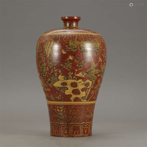 CHINESE COPPER RED PORCELAIN FLOWER AND BIRD MEIPING VASE
