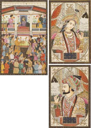 Trois miniatures indiennes du Rajasthan avec incrustations de pierres précieuses [...]