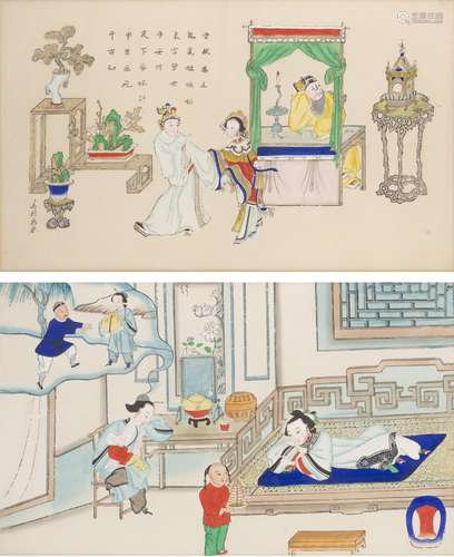 Paire de gravures aquarellées chinoises sur papier 