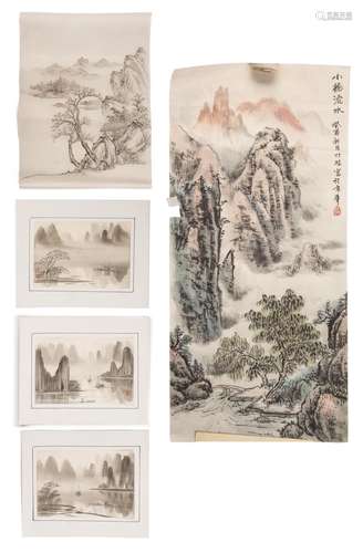 Ensemble de 5 aquarelles de Chine comprenant : - 3 paysages de rivières, 2 sbd et 1 [...]