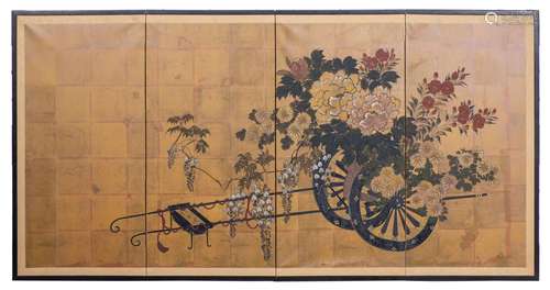 Paravent japonais à 4 feuilles représentant un chariot fleuri hanaguruma peint sur [...]