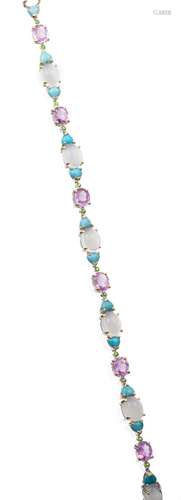 *Bracelet en or blanc .750 avec saphirs multicolores, pierres de lune, turquoises, [...]