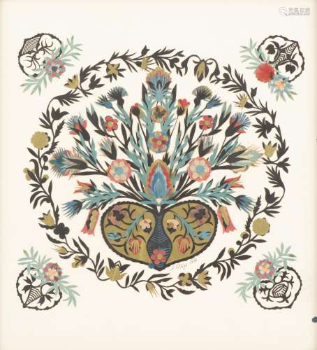Anneliese VILLIGER (1937) découpage d'un panier fleuri à superposition de papiers [...]