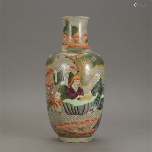 CHINESE FAMILLE ROSE FLOWER FIGURE ROULEAU VASE