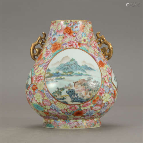 CHINESE FAMILLE ROSE DOUBLE HANDLE FLOWER ZUN VASE
