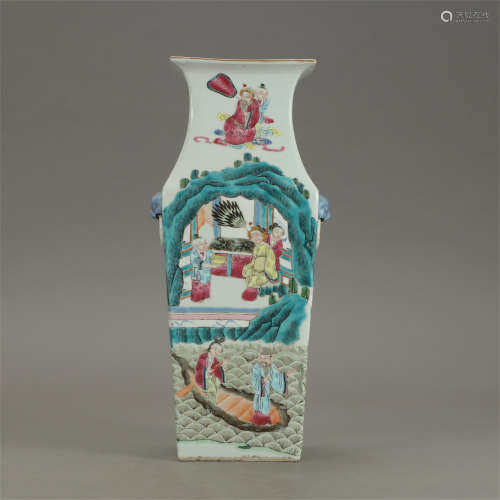 CHINESE FAMILLE ROSE FIGURE SQUARE VASE