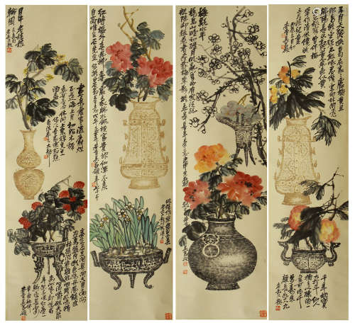 FOUR HANGING PAINTING SCROLLS OF FLOWERS AND BAMBOO BY WUCHANGSHUO