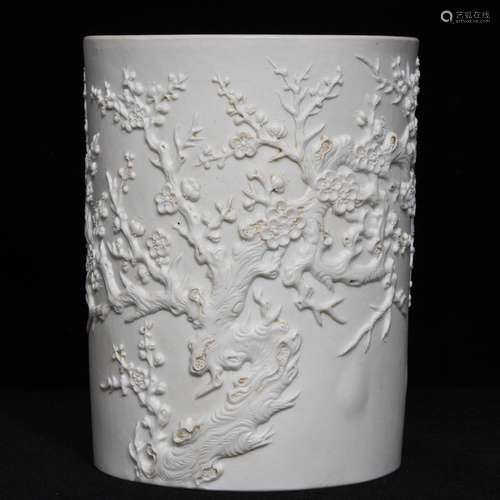 A Chinese plum blossom Carved Porcelain Brush Pot