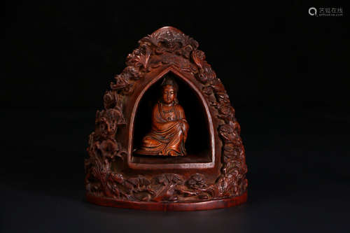 A Chinese Carved Bamboo Guanyin Buddha Niche