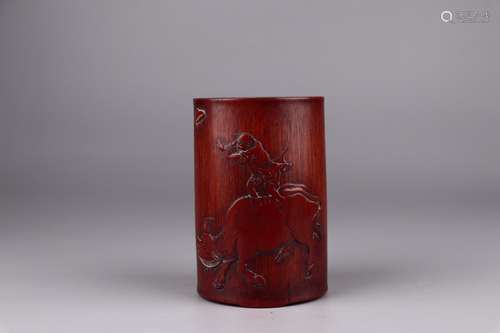 A Chinese Carved Boxwood Brush Pot