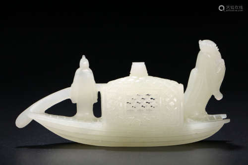 A Chinese Carved Hetian Jade Boat Ornament