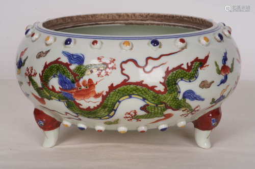 A Chinese Blue and White Multi Colored Dragon Pattern Porcelain Censer