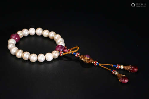 A Chinese Pearls Ruby Beads Hand String