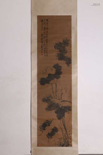 A Chinese Lotus Painting Scroll, Xu Wei Mark