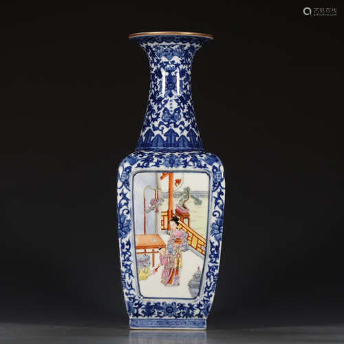 A Chinese Blue and White Famille Rose Porcelain Square Vase