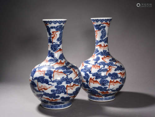 A Pair of Chinese Blue and White Alum Red Porcelain Vases