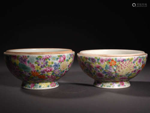 A Pair of Chinese Famille Rose Floral Porcelain Tank