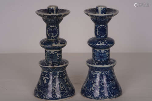 A Pair of Chinese Blue and White Dragon Pattern Porcelain Candlestick