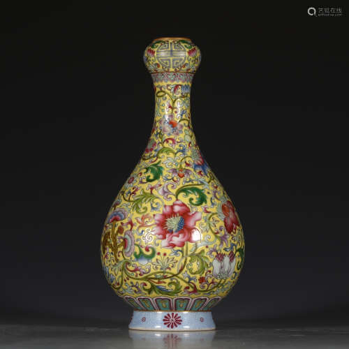 A Chinese Yellow Famille Rose Floral Porcelain Garlic Bottle