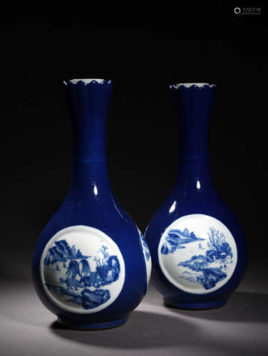 A Pair of Chinese Blue Landscape Painted Porcelain Garlic Bottle