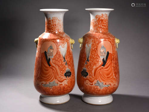 A Pir of Chinese Alum Red Inscribed Vase with Double Ears