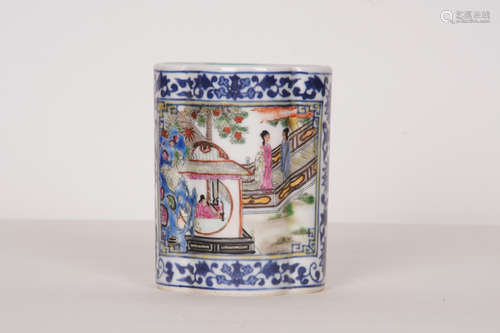 A Chinese Blue and White  Famille Rose   Floral Porcelain Brush Pot