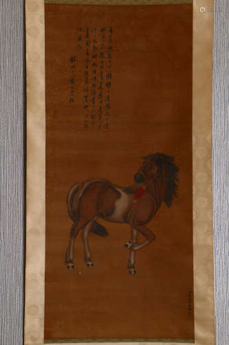 A Chinese Horse Painting Scroll, Lang Shining Mark
