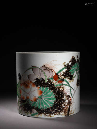 A Chinese Multi Colored Painted Porcelain Brush Pot