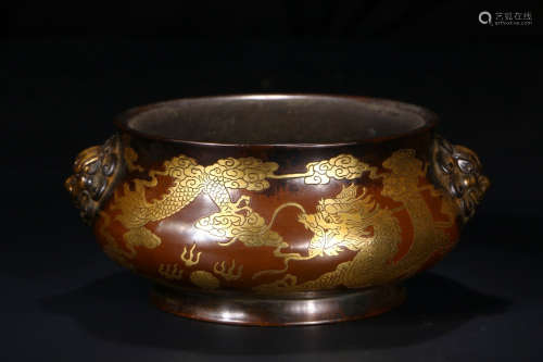 A Chinese Dragon Pattern Red Copper Incense Burner