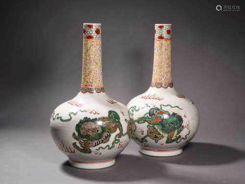 a Pair of Chinese Multi Colored Lion Painted Porcelain Flask