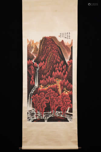 A Chinese Red MOuntain Painting Scroll, Li Keran Mark