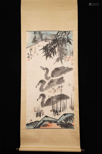 A Chinese Flower and birds Painting Scroll, Li Keran Mark