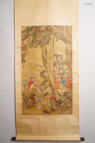 A Chinese Figures Painting Scroll, Leng Mei Mark